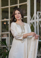 Teeya Creation White Color Viscose Chanderi Embroidery Work Fully Stitched Kurti Set | Grocsy