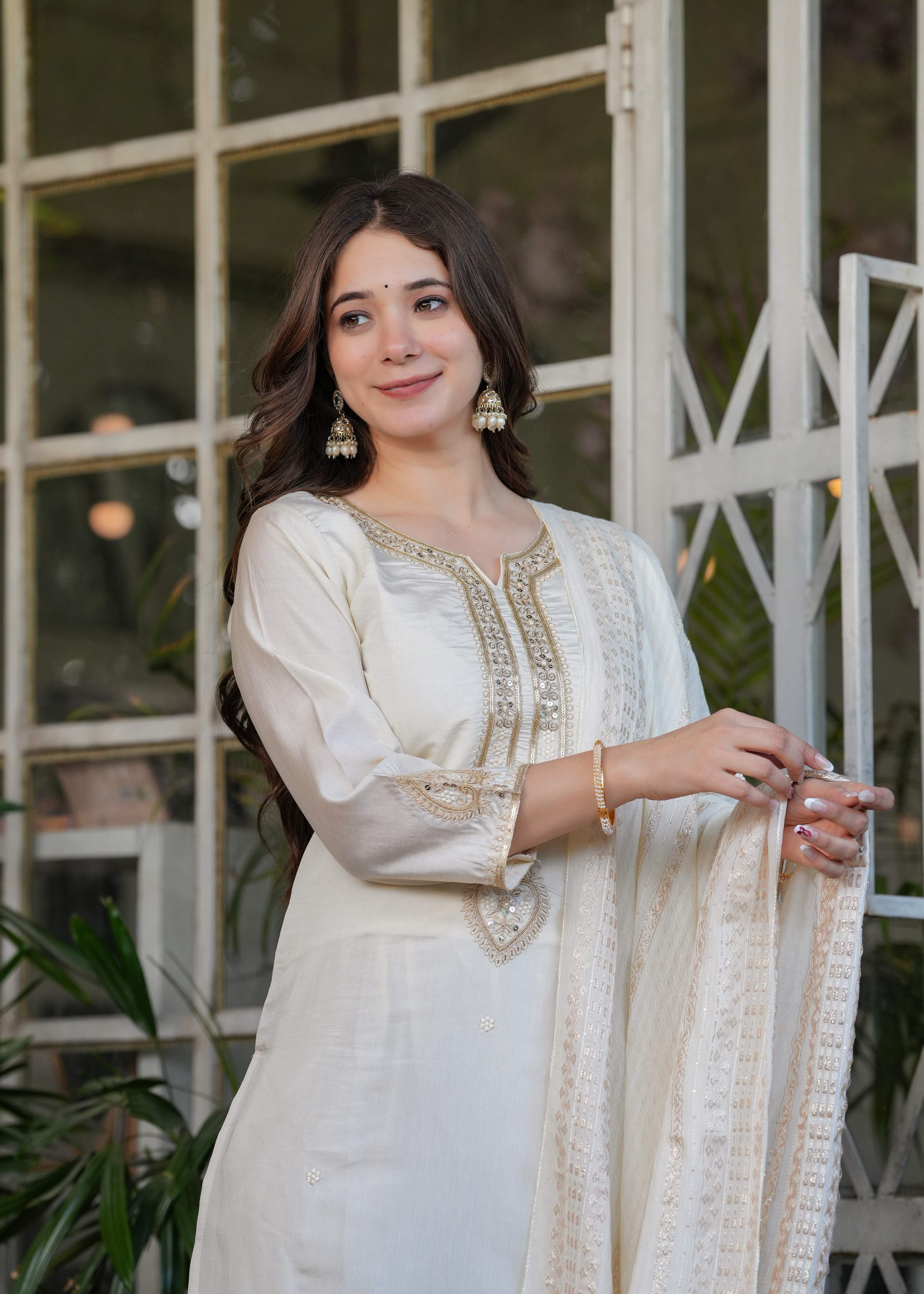 Teeya Creation White Color Viscose Chanderi Embroidery Work Fully Stitched Kurti Set | Grocsy