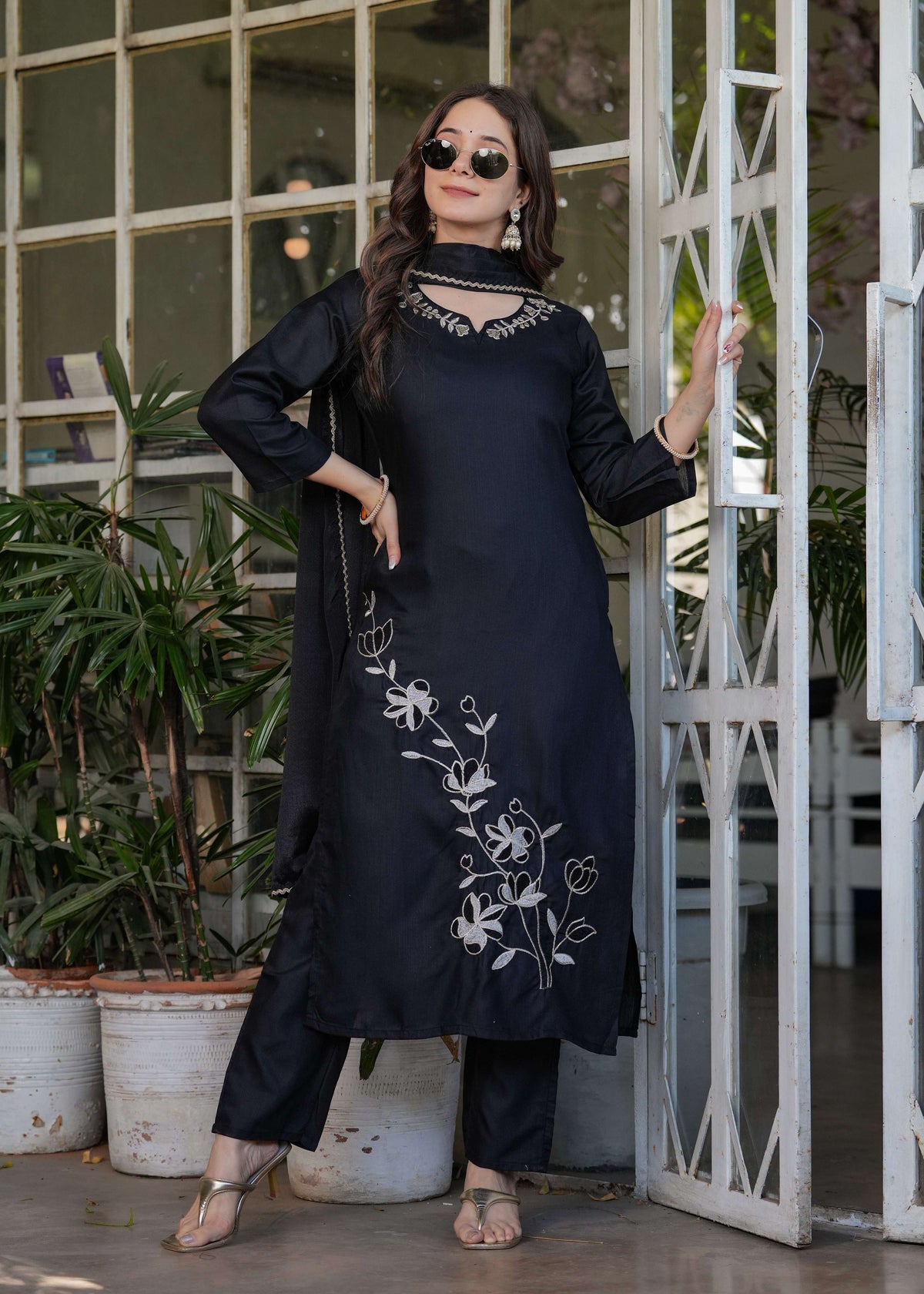 Teeya Creation Black Color Viscose Rayon Embroidery Work Fully Stitched Kurti Set | Grocsy