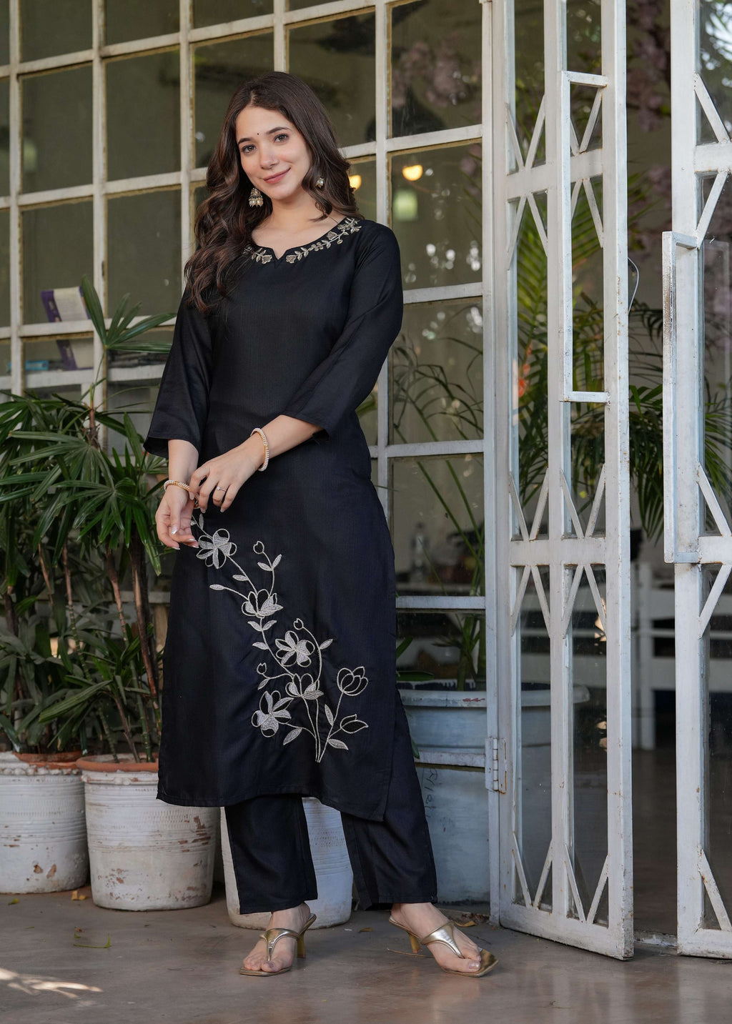 Teeya Creation Black Color Viscose Rayon Embroidery Work Fully Stitched Kurti Set | Grocsy