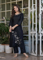 Teeya Creation Black Color Viscose Rayon Embroidery Work Fully Stitched Kurti Set | Grocsy