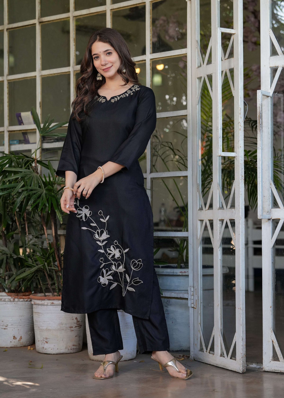 Teeya Creation Black Color Viscose Rayon Embroidery Work Fully Stitched Kurti Set | Grocsy