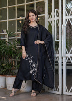 Teeya Creation Black Color Viscose Rayon Embroidery Work Fully Stitched Kurti Set | Grocsy