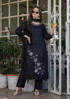 The52 Beautiful Thread Work Viscose Rayon Fabric Straight Kurta, Pant and Dupatta Set | Grocsy