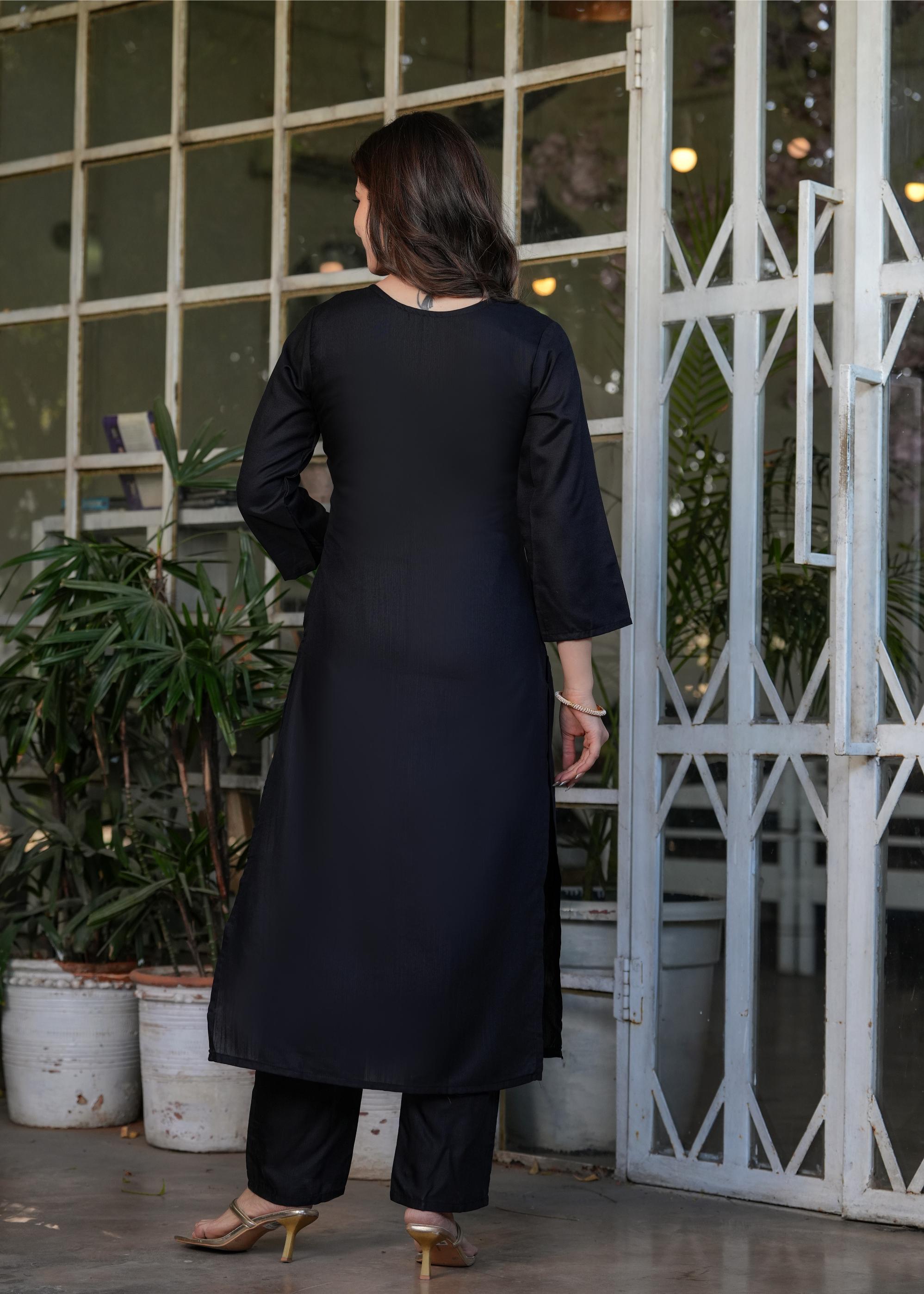 The52 Beautiful Thread Work Viscose Rayon Fabric Straight Kurta, Pant and Dupatta Set | Grocsy