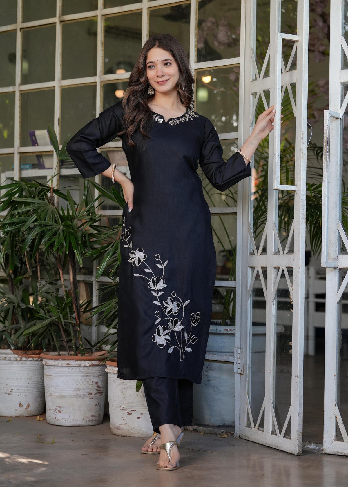 The52 Beautiful Thread Work Viscose Rayon Fabric Straight Kurta, Pant and Dupatta Set | Grocsy