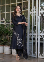 The52 Beautiful Thread Work Viscose Rayon Fabric Straight Kurta, Pant and Dupatta Set | Grocsy