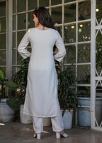 The52 Beautiful Thread Work Viscose Rayon Fabric Straight Kurta, Pant and Dupatta Set | Grocsy
