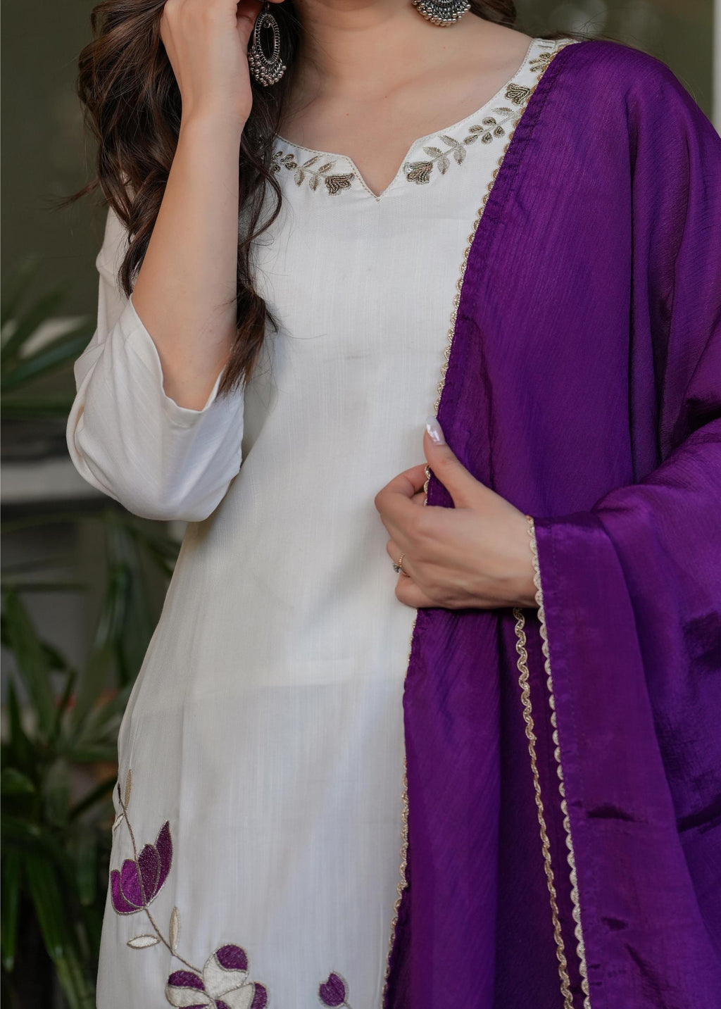 The52 Beautiful Thread Work Viscose Rayon Fabric Straight Kurta, Pant and Dupatta Set | Grocsy