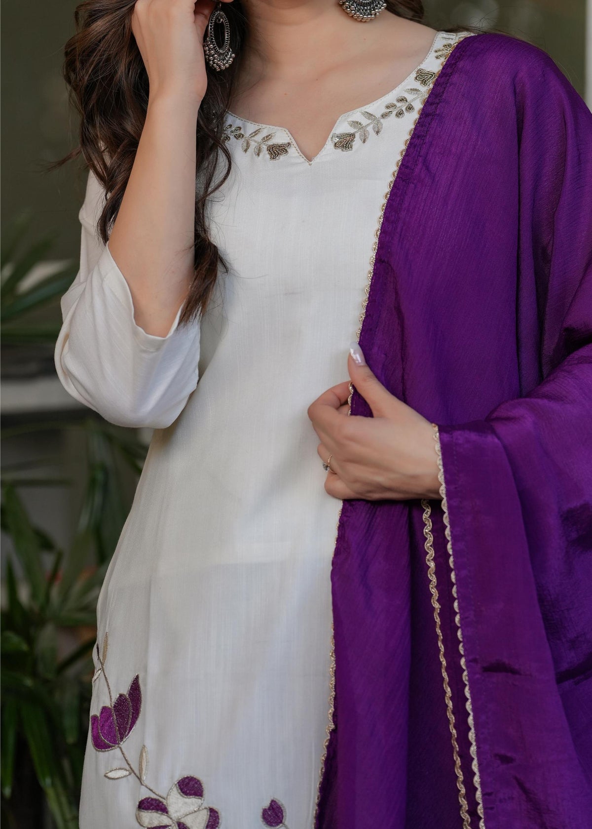 The52 Beautiful Thread Work Viscose Rayon Fabric Straight Kurta, Pant and Dupatta Set | Grocsy