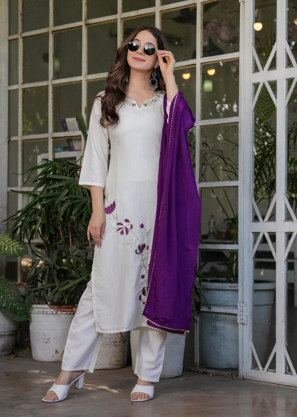 The52 Beautiful Thread Work Viscose Rayon Fabric Straight Kurta, Pant and Dupatta Set | Grocsy