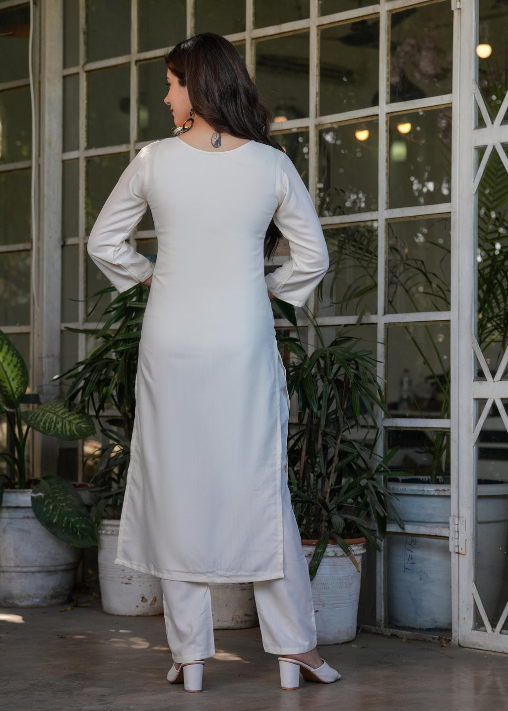 Teeya Creation White Color Viscose Rayon Embroidery Work Fully Stitched Kurti Set | Grocsy