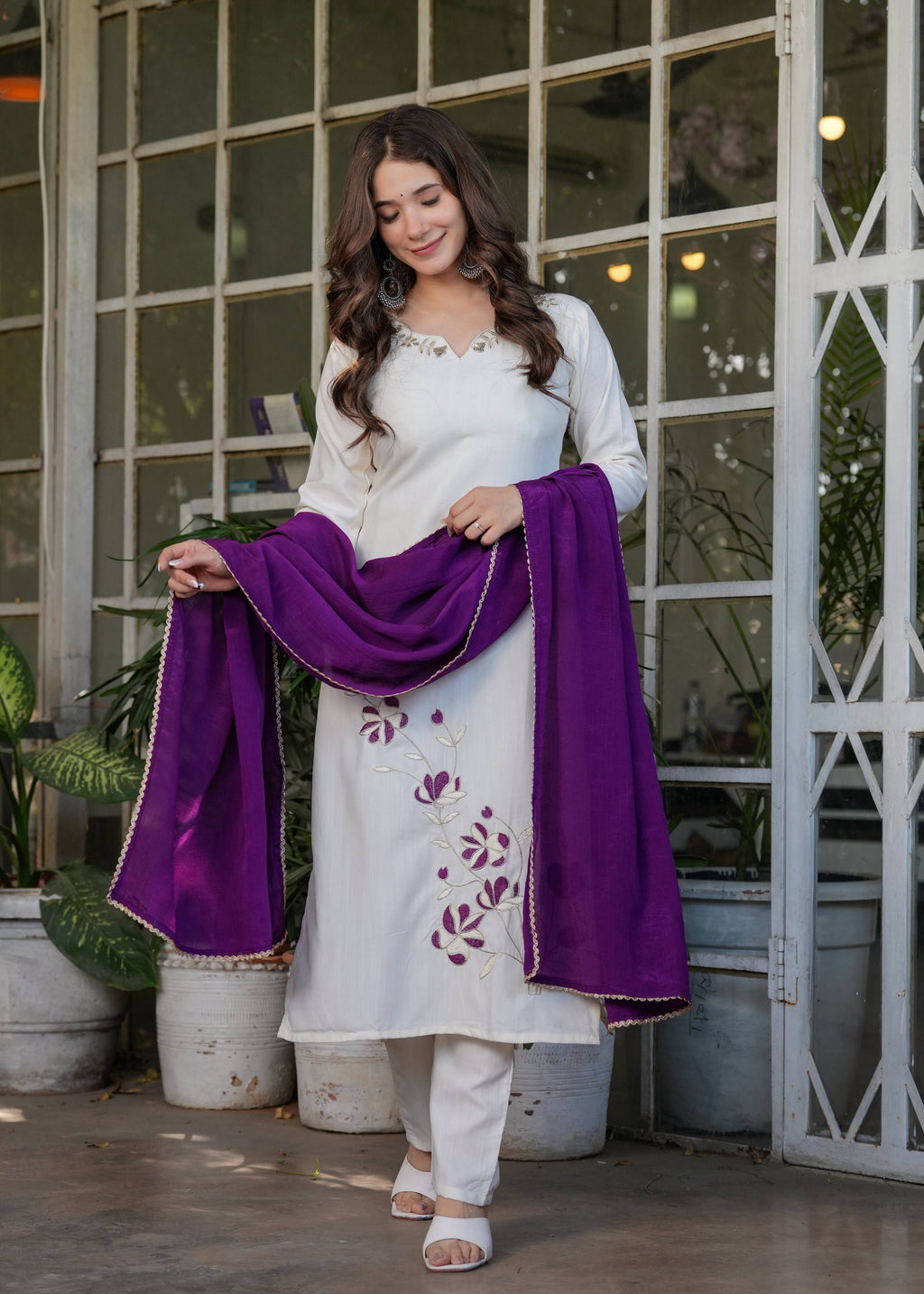 Teeya Creation White Color Viscose Rayon Embroidery Work Fully Stitched Kurti Set | Grocsy