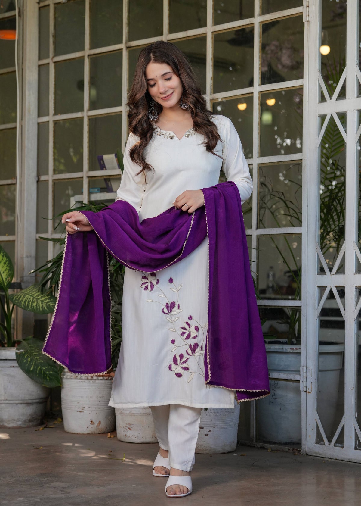 Teeya Creation White Color Viscose Rayon Embroidery Work Fully Stitched Kurti Set | Grocsy