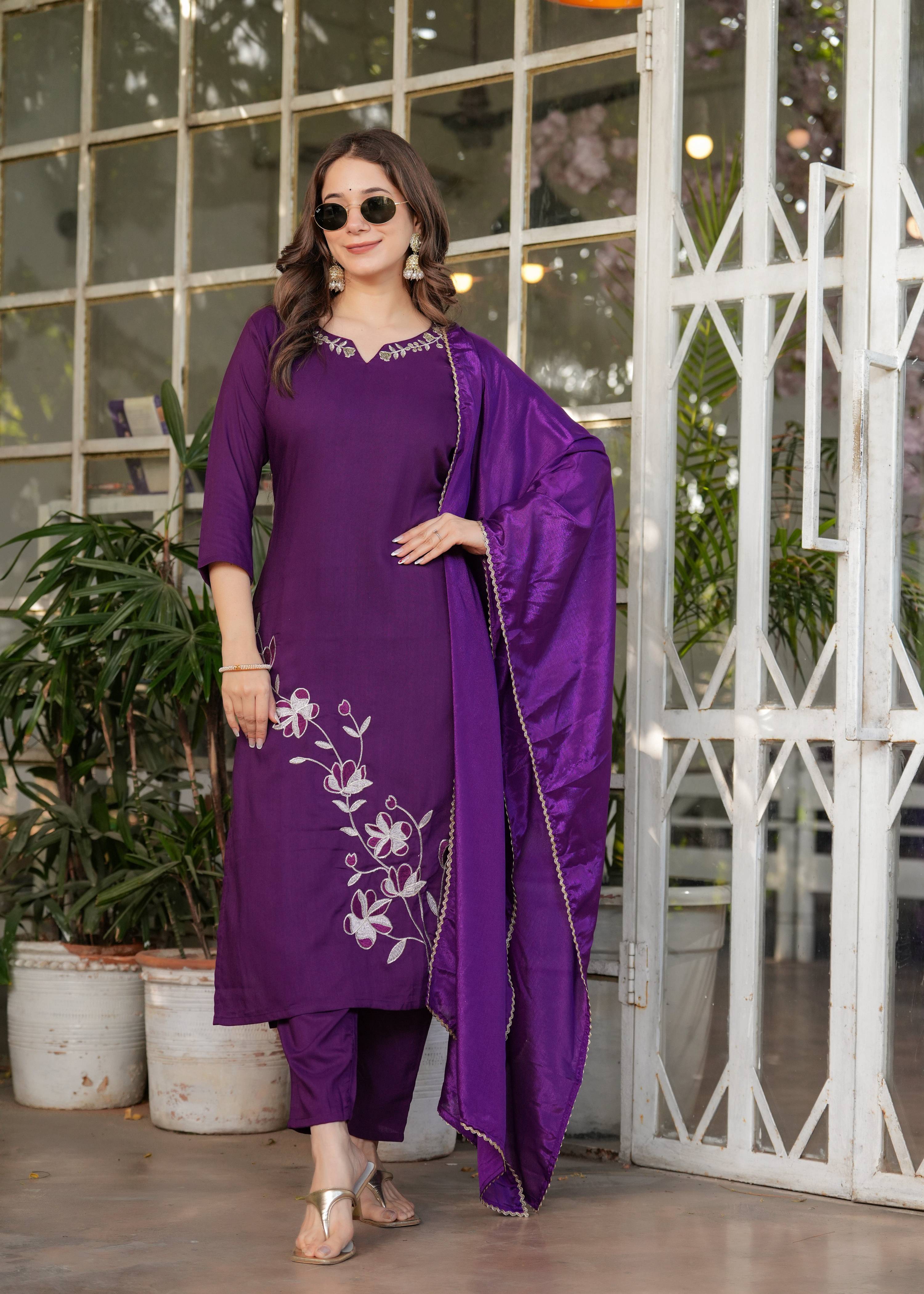 Teeya Creation Wine Color Viscose Rayon Embroidery Work Fully Stitched Kurti Set | Grocsy