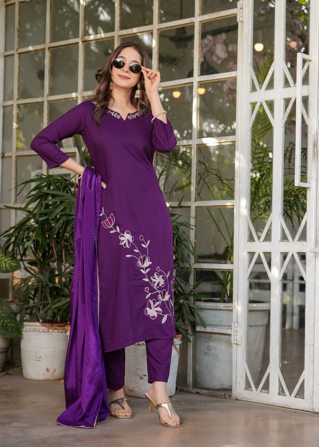 Teeya Creation Wine Color Viscose Rayon Embroidery Work Fully Stitched Kurti Set | Grocsy