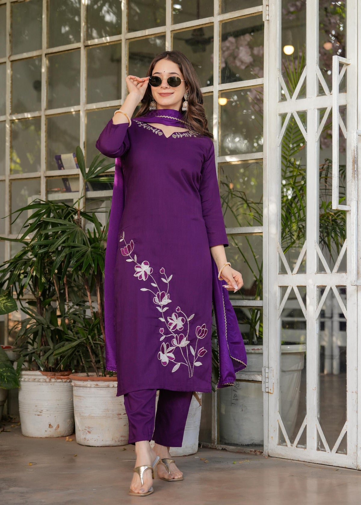 The52 Beautiful Thread Work Viscose Rayon Fabric Straight Kurta, Pant and Dupatta Set | Grocsy