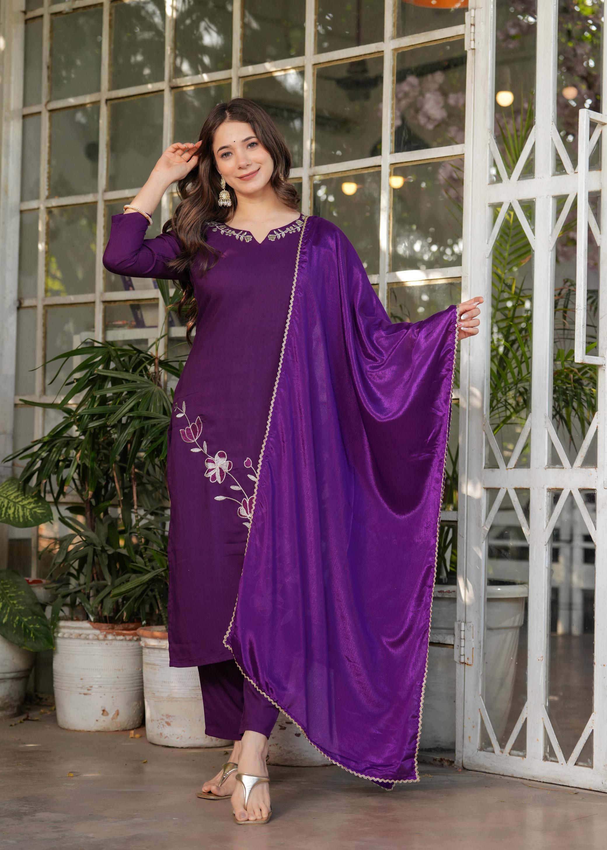 The52 Beautiful Thread Work Viscose Rayon Fabric Straight Kurta, Pant and Dupatta Set | Grocsy