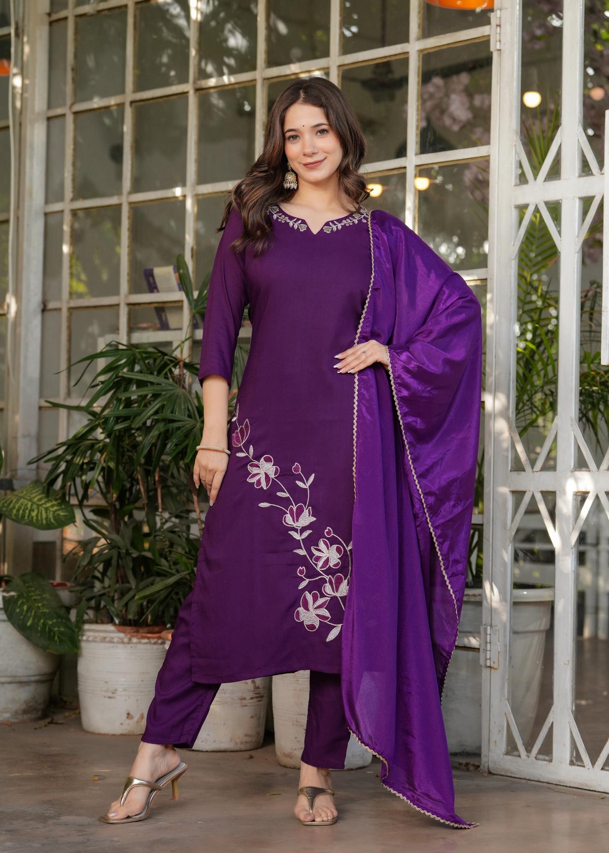 The52 Beautiful Thread Work Viscose Rayon Fabric Straight Kurta, Pant and Dupatta Set | Grocsy