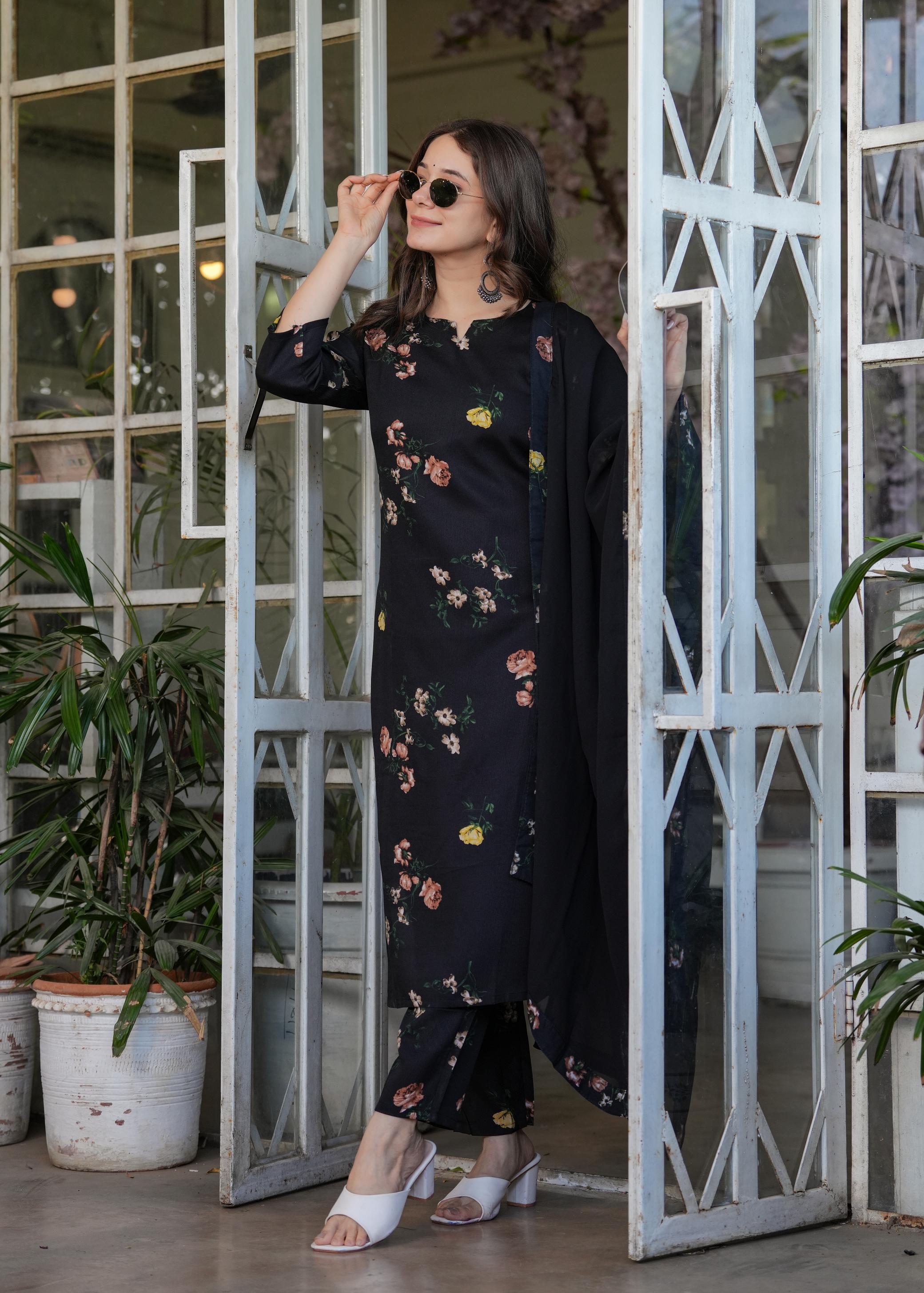The52 French Crepe Fabric work Straight cut Kurta, Pant and Dupatta Set | Grocsy