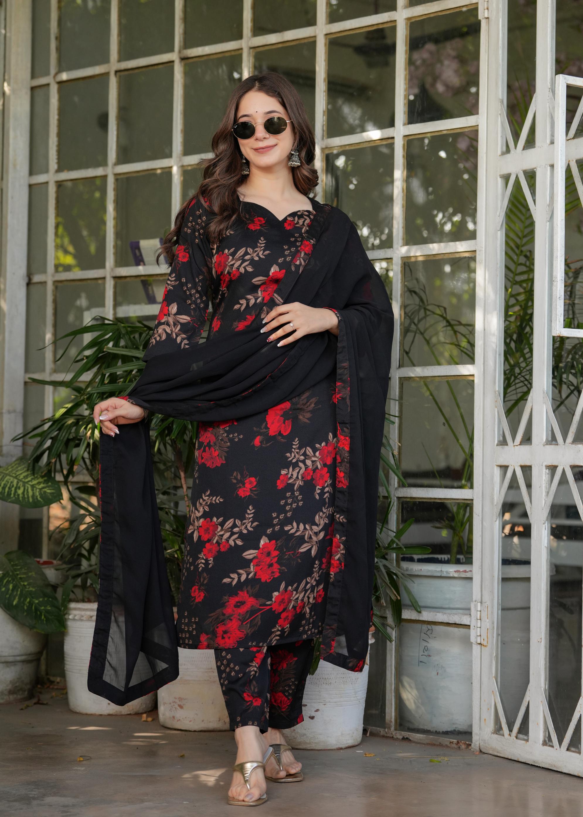 The52 Women's Printed Silk Blend Fabric Straight Kurta, Pant and Dupatta Set | Grocsy