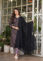 Teeya Creation Black Color Pure Cotton Digital Print Fully Stitched Kurti Set | Grocsy