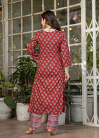 Teeya Creation Red Color Pure Cotton Digital Print Fully Stitched Kurti Set | Grocsy