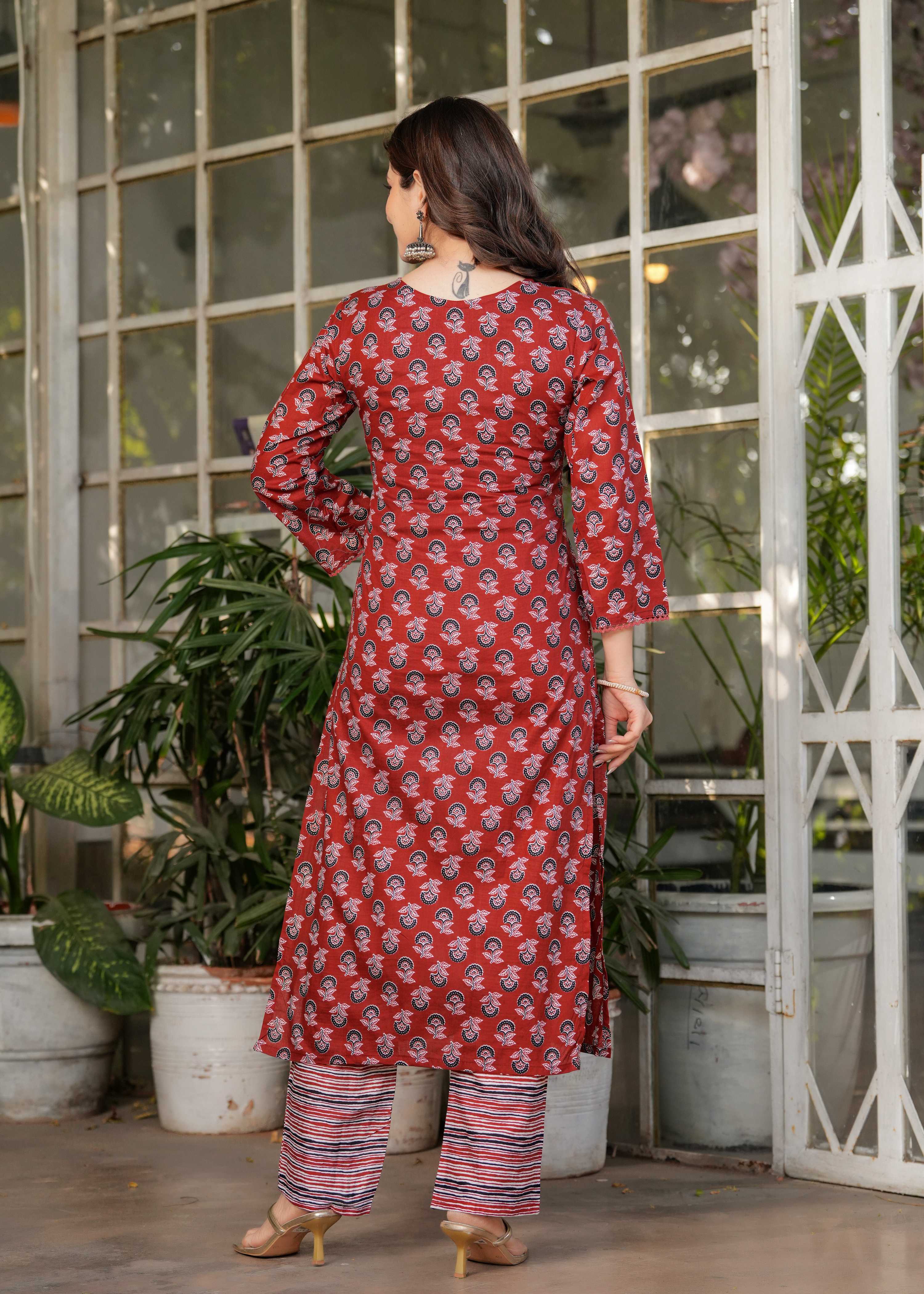 Teeya Creation Red Color Pure Cotton Digital Print Fully Stitched Kurti Set | Grocsy