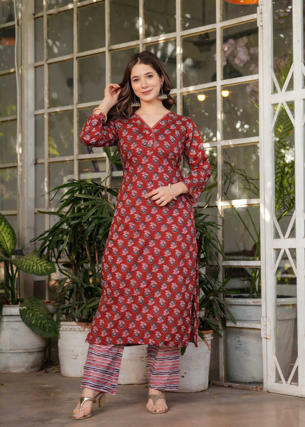 Teeya Creation Red Color Pure Cotton Digital Print Fully Stitched Kurti Set | Grocsy