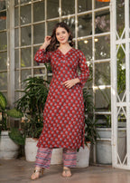 Teeya Creation Red Color Pure Cotton Digital Print Fully Stitched Kurti Set | Grocsy