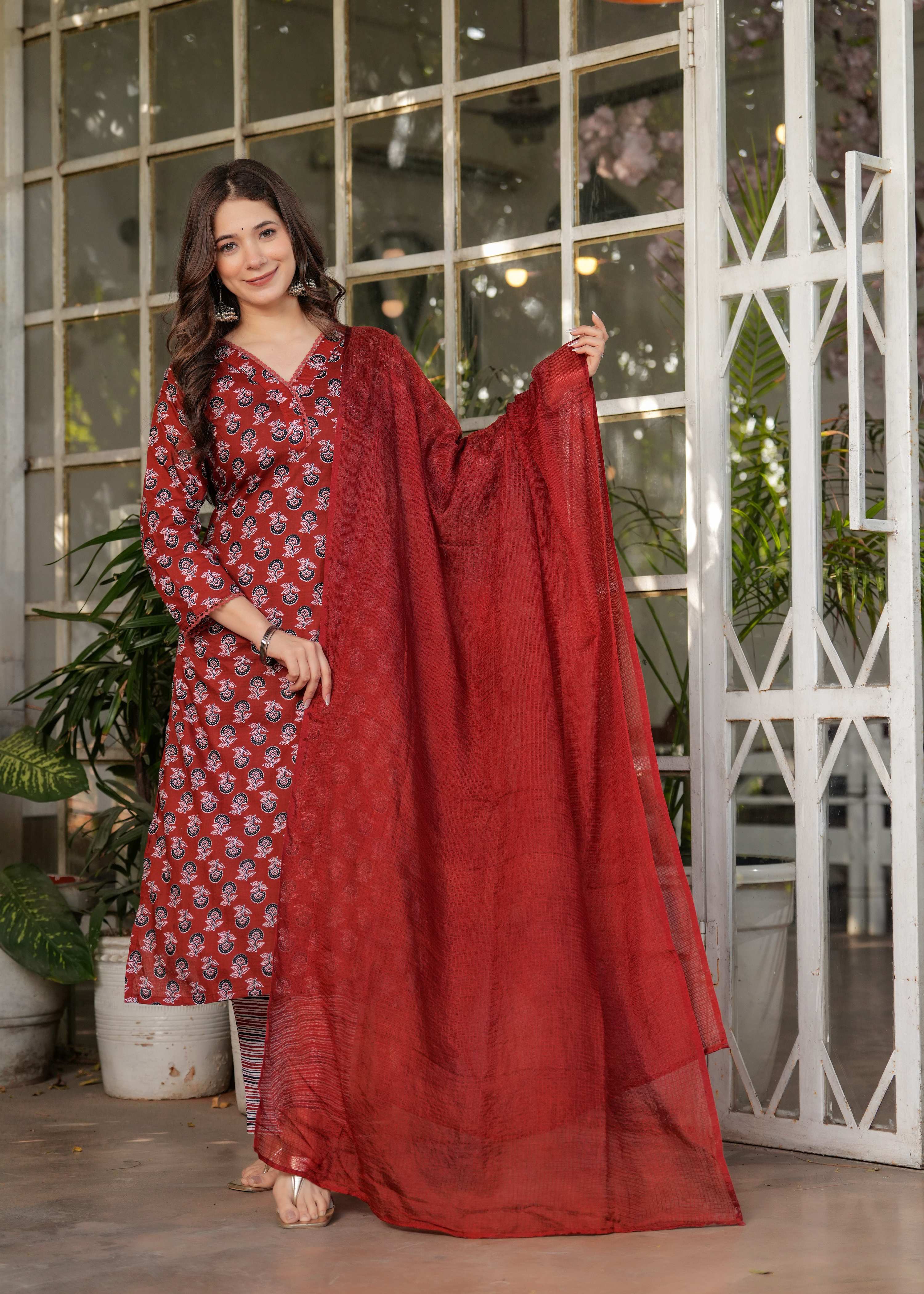 Teeya Creation Red Color Pure Cotton Digital Print Fully Stitched Kurti Set | Grocsy