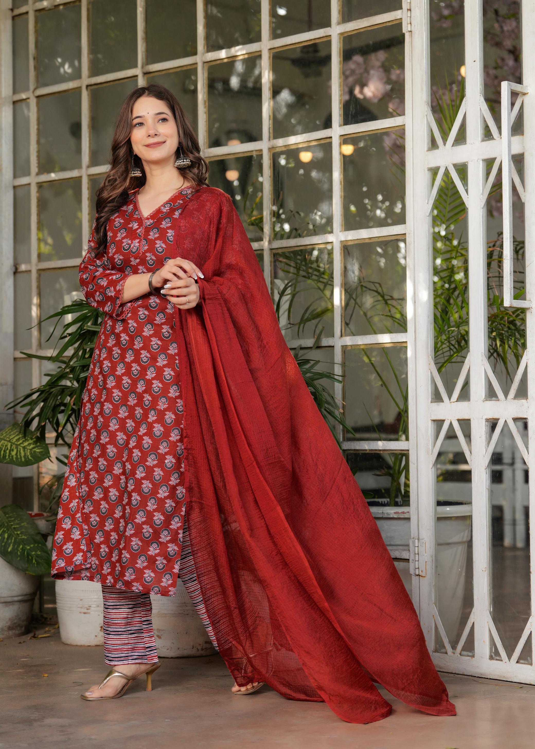 The52 Women's Printed Pure Cotton Fabric Straight Kurta, Pant and Dupatta Set | Grocsy