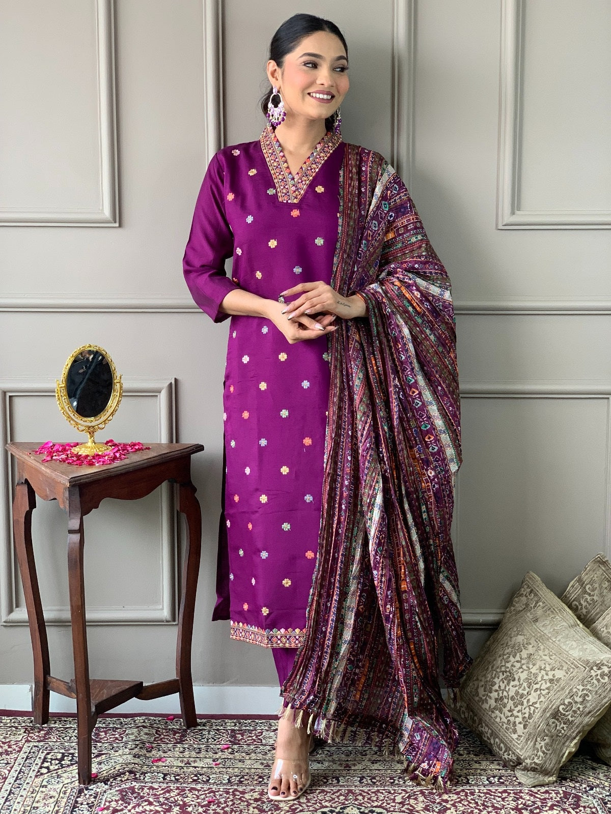 Teeya Creation Dark Wine Color Viscose Chanderi Embroidery Work Fully Stitched Kurti Set | Grocsy