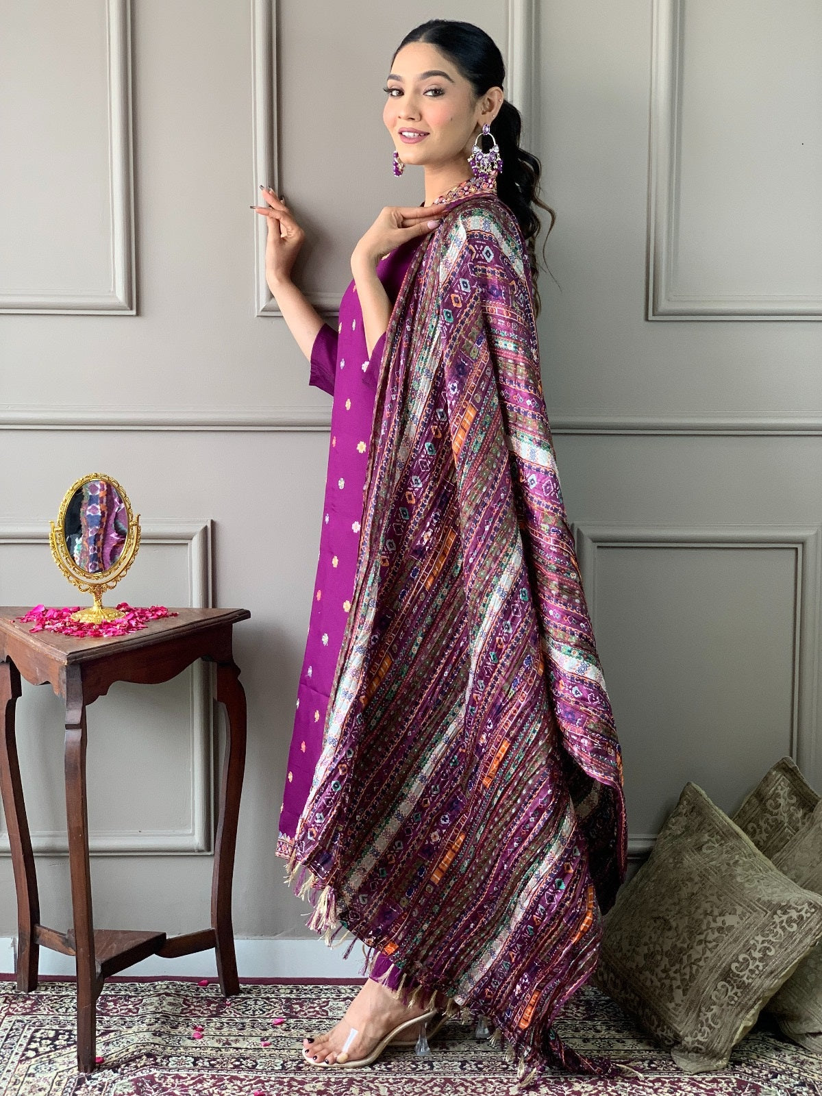 Teeya Creation Dark Wine Color Viscose Chanderi Embroidery Work Fully Stitched Kurti Set | Grocsy
