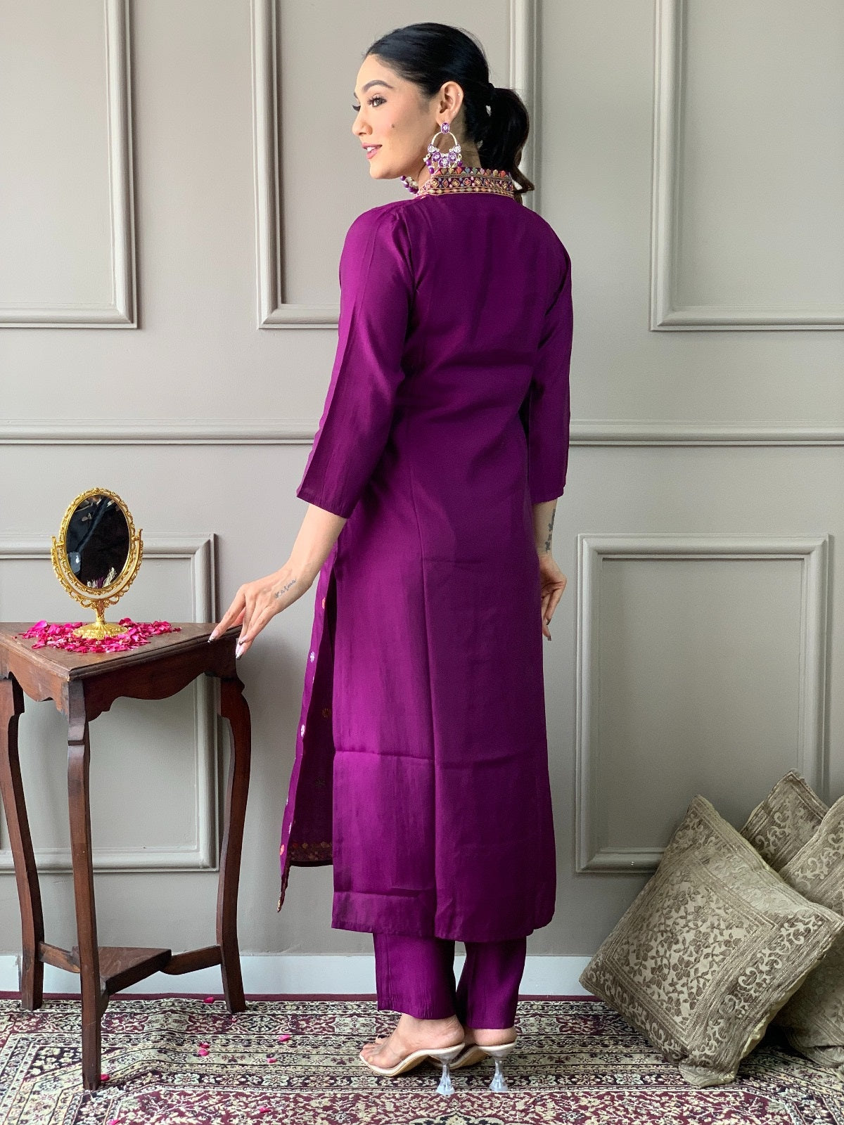 Teeya Creation Dark Wine Color Viscose Chanderi Embroidery Work Fully Stitched Kurti Set | Grocsy