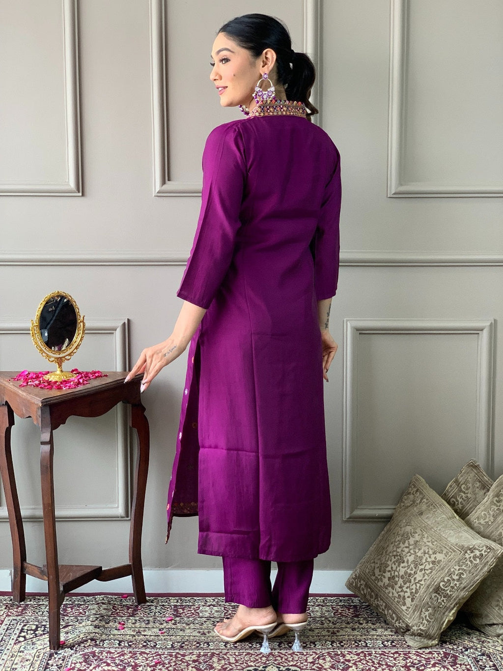 Teeya Creation Purple Color Viscose Chanderi Embroidery Work Fully Stitched Kurti Set | Grocsy