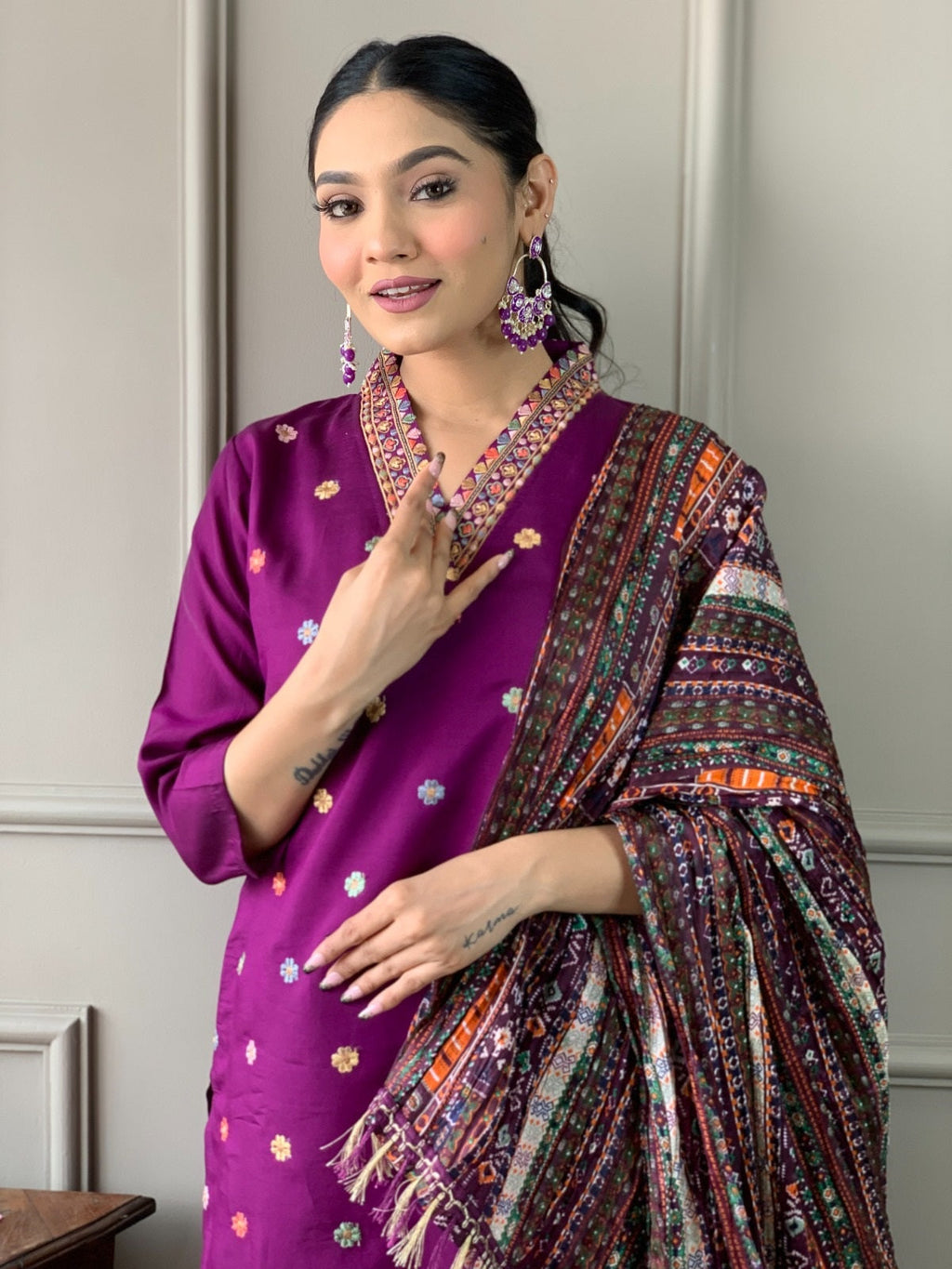 Teeya Creation Purple Color Viscose Chanderi Embroidery Work Fully Stitched Kurti Set | Grocsy