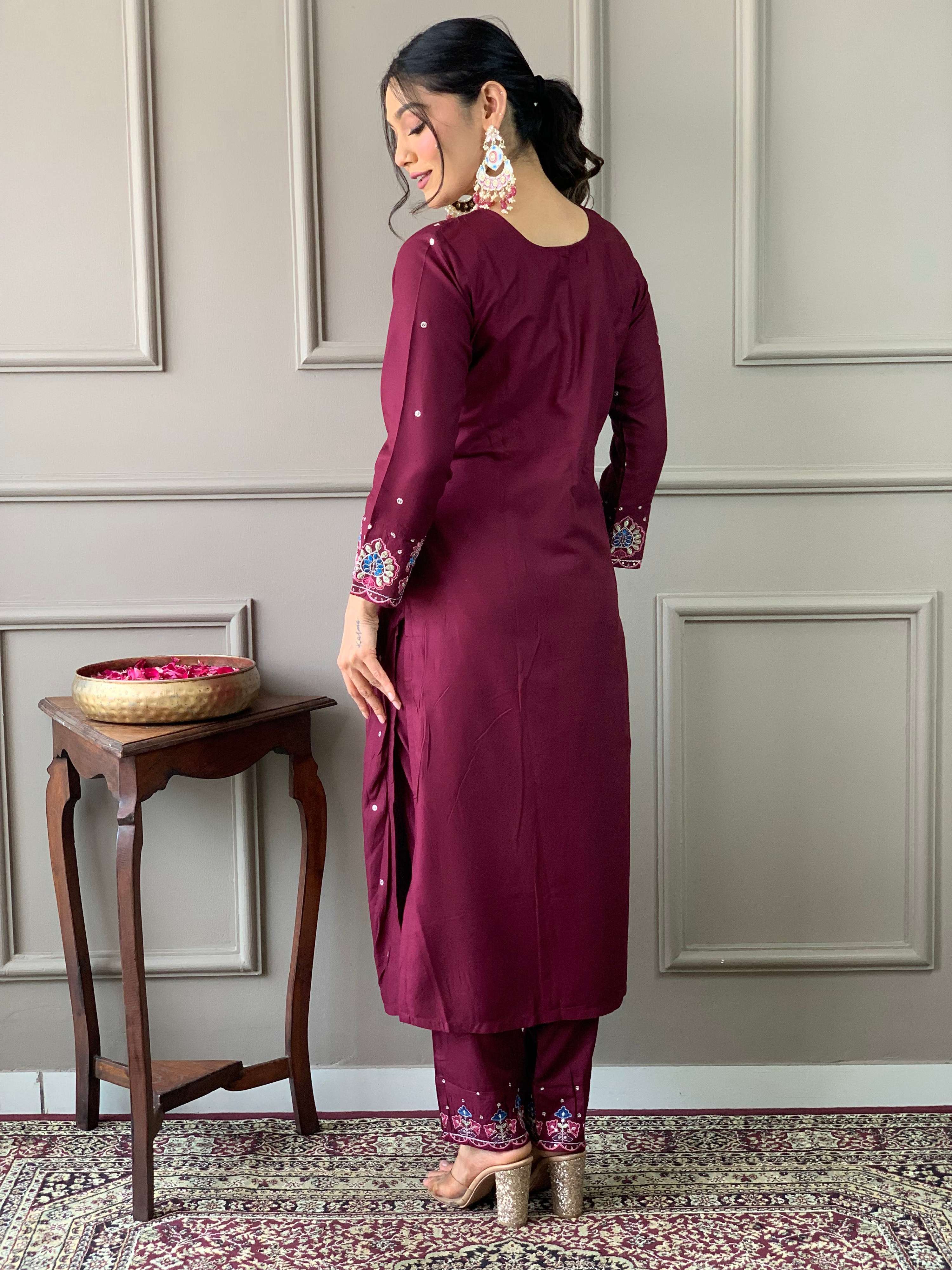 The52 Wine Embroidered Viscose Chanderi Fabric Straight Kurta, Pant and Dupatta Set | Grocsy