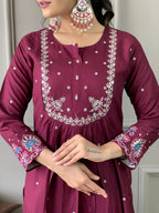 The52 Wine Embroidered Viscose Chanderi Fabric Straight Kurta, Pant and Dupatta Set | Grocsy