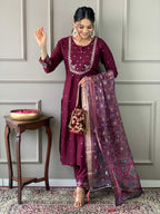 The52 Wine Embroidered Viscose Chanderi Fabric Straight Kurta, Pant and Dupatta Set | Grocsy