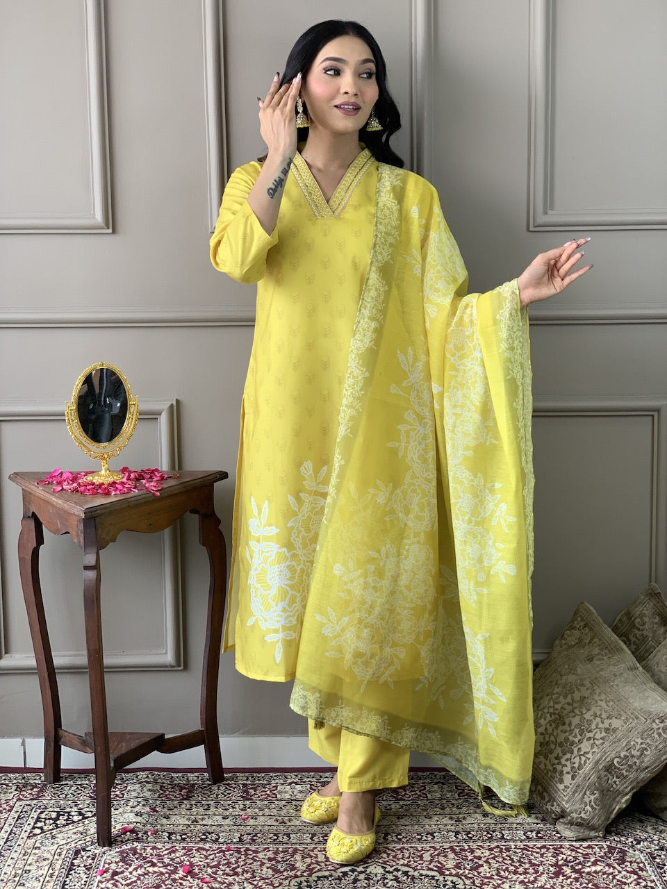 Teeya Creation Olive Color Muslin Silk With Digital Print And Embroidery Work Fully Stitched Kurti Set | Grocsy