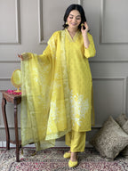 The52 Yellow Embroidered Rayon Fabric Straight Kurta, Pant and Dupatta Set | Grocsy