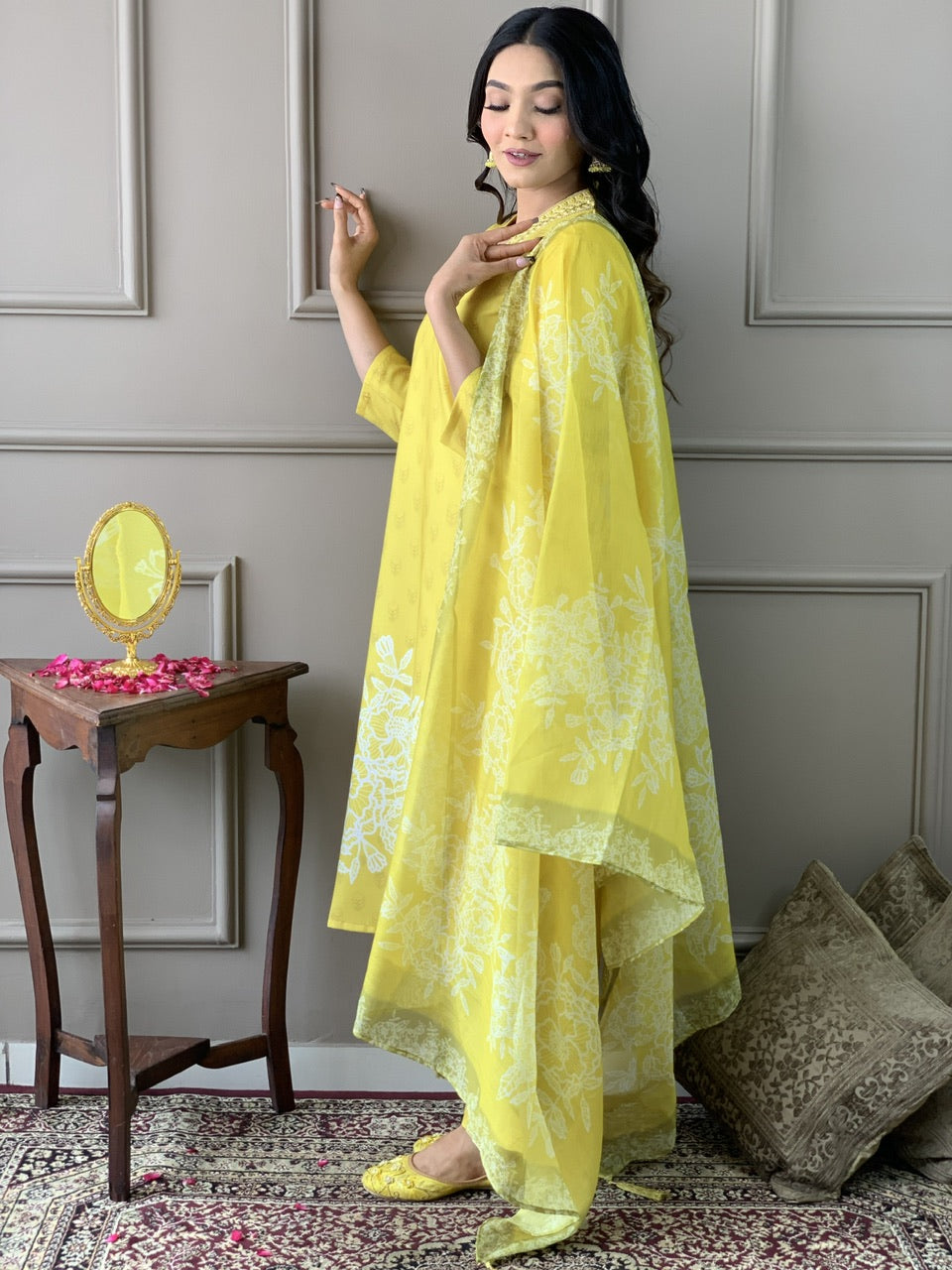 Teeya Creation Olive Color Muslin Silk With Digital Print And Embroidery Work Fully Stitched Kurti Set | Grocsy