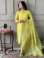 Teeya Creation Olive Color Muslin Silk With Digital Print And Embroidery Work Fully Stitched Kurti Set | Grocsy