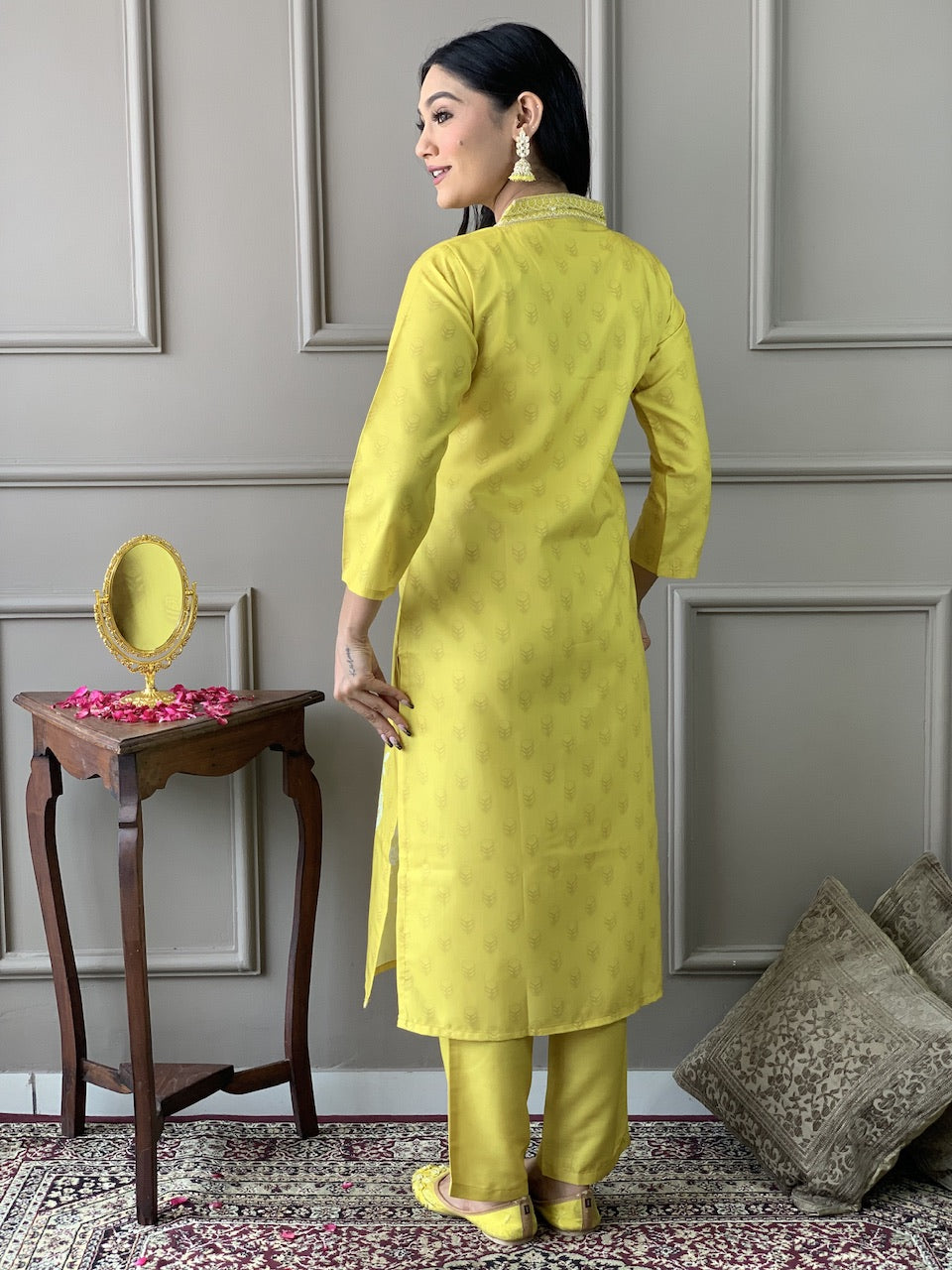 Teeya Creation Olive Color Muslin Silk With Digital Print And Embroidery Work Fully Stitched Kurti Set | Grocsy
