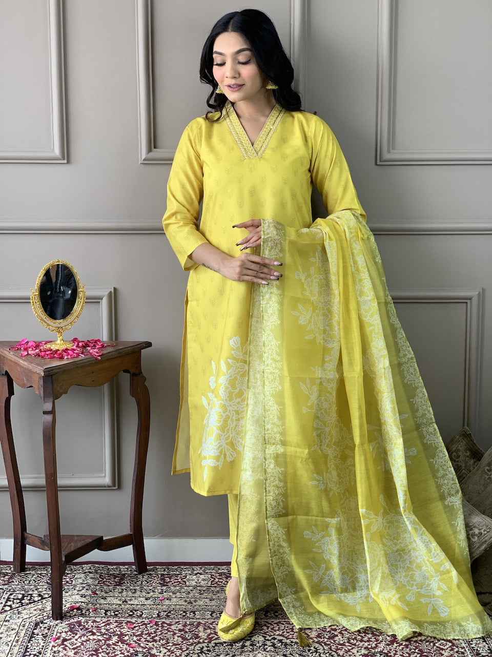The52 Yellow Embroidered Rayon Fabric Straight Kurta, Pant and Dupatta Set | Grocsy