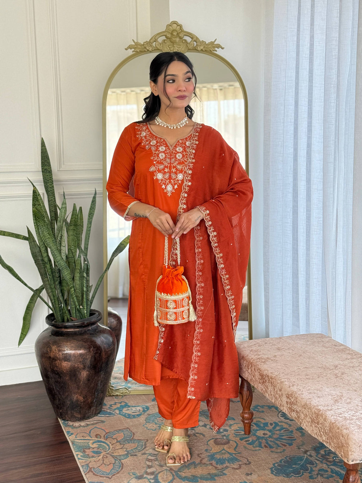 The52 Women's Beautiful Viscose Chinon Embroidered Straight Kurta with Pant And Dupatta Set | Grocsy