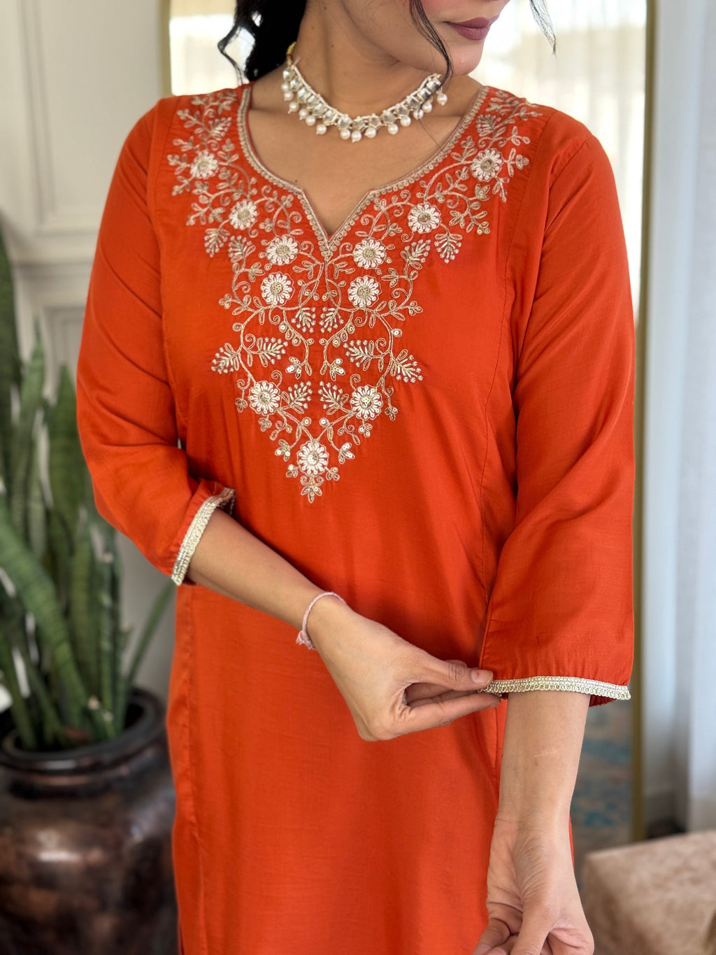 The52 Women's Beautiful Viscose Chinon Embroidered Straight Kurta with Pant And Dupatta Set | Grocsy