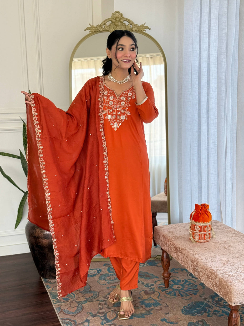 The52 Women's Beautiful Viscose Chinon Embroidered Straight Kurta with Pant And Dupatta Set | Grocsy