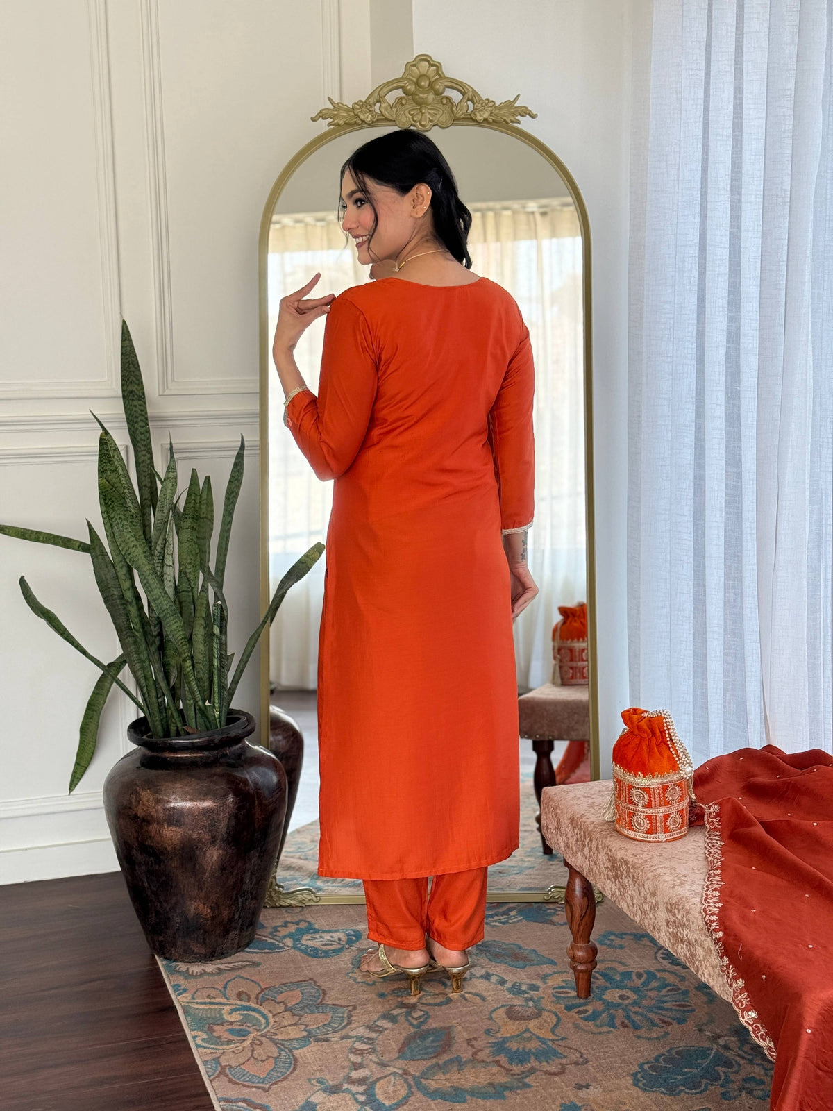 The52 Women's Beautiful Viscose Chinon Embroidered Straight Kurta with Pant And Dupatta Set | Grocsy
